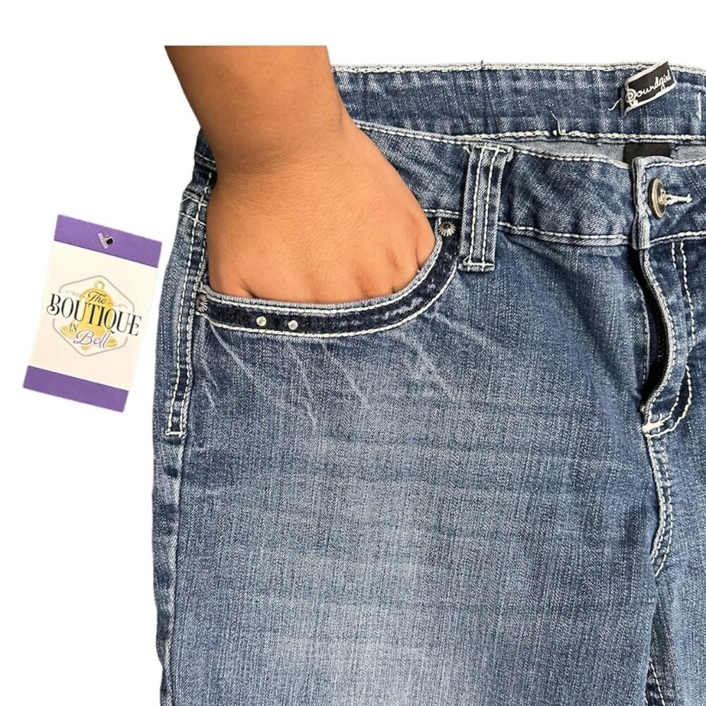 Soundgirl Jeans Juniors 17 Blue Bootcut Studs Bling Thick Stitch Fluer De Lis - Picture 11 of 16